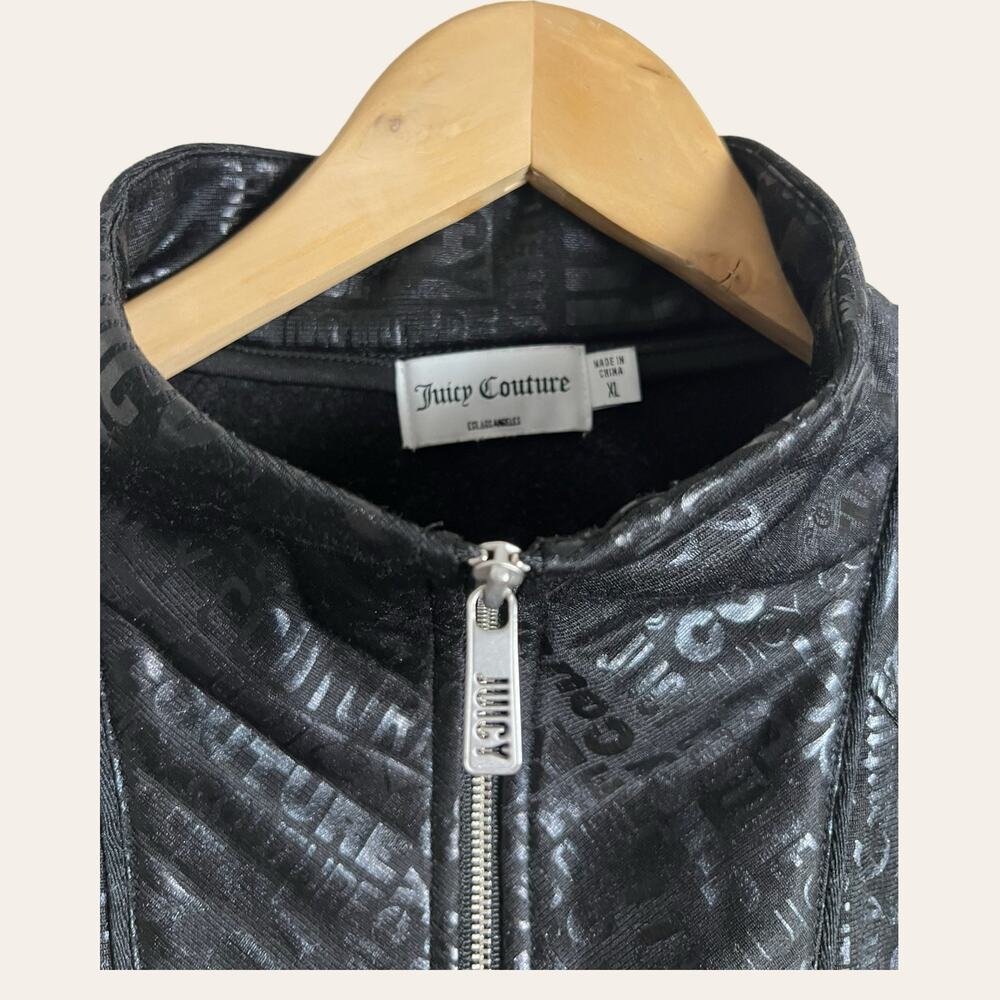 Juicy Couture Black Embossed Logo Print Zip Up Mock Neck Moto Jacket Size XL - Picture 2 of 7